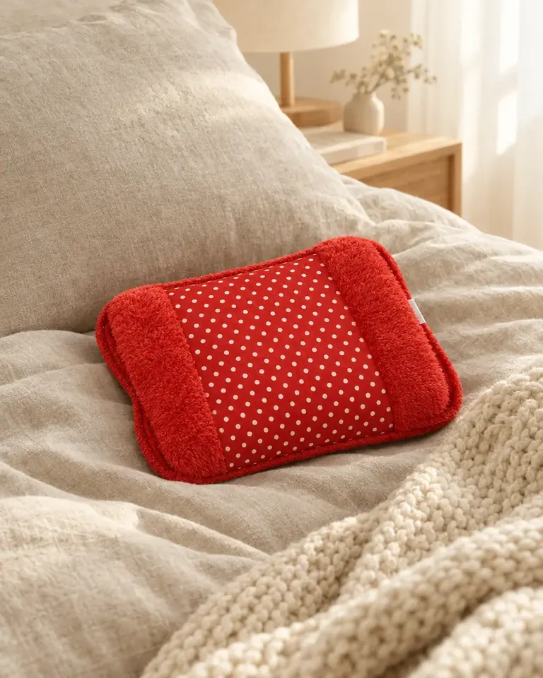 Bouillotte électrique rouge à pois posée sur un lit