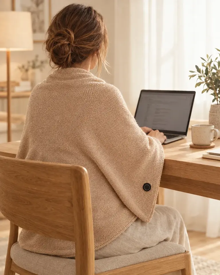 Femme en télétravail à son bureau avec un châle chauffant beige sur les épaules
