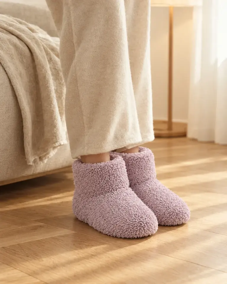 Chaussons chauffants lilas portés dans une chambre