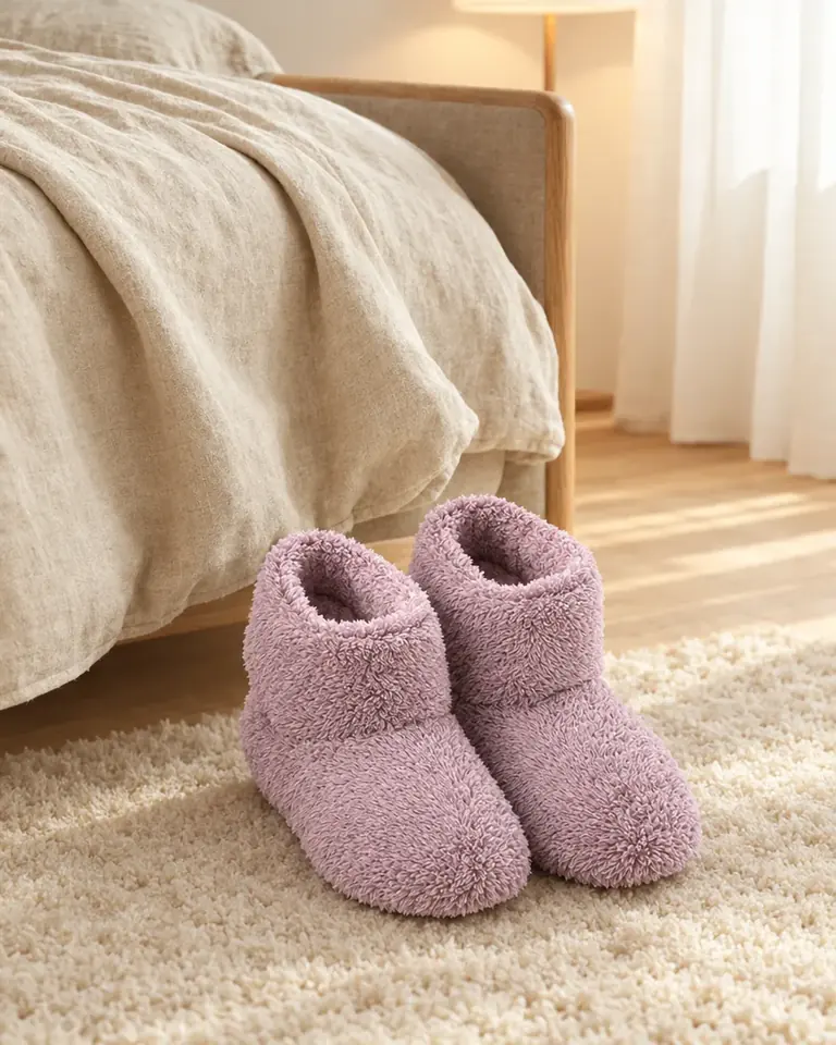 Paire de chaussons chauffants lilas posés au sol
