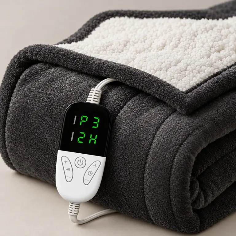 Gros plan sur le tissu doux gris foncé d’une couverture chauffante