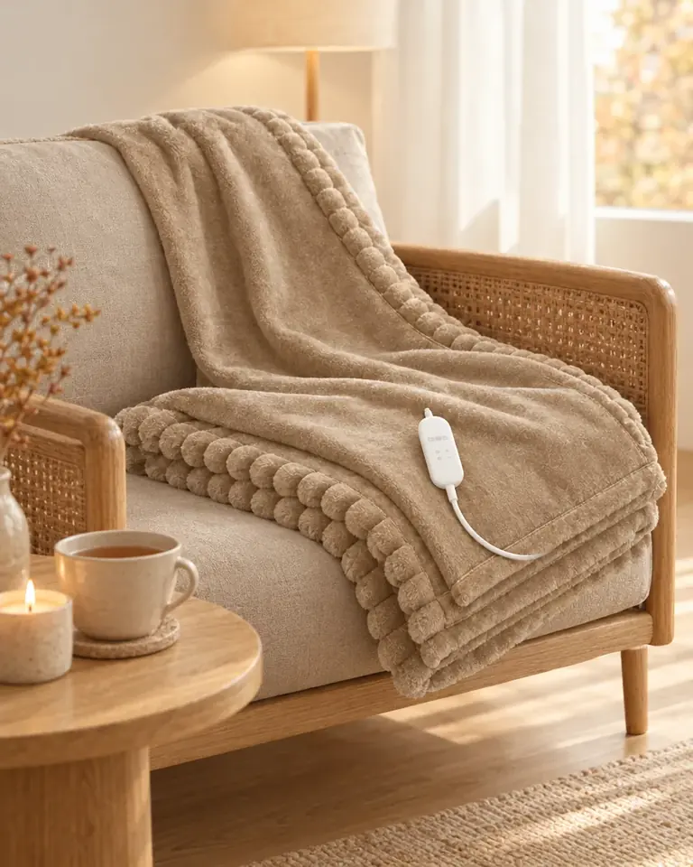 Plaid chauffant en velours côtelé sable posé sur un fauteuil, avec sa télécommande