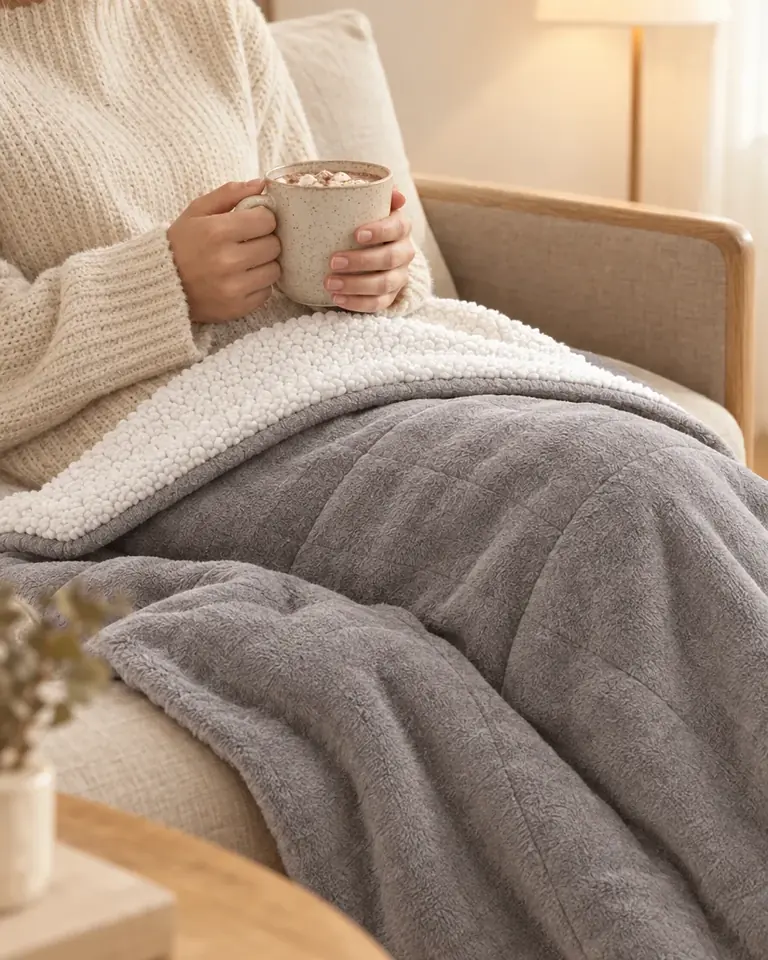 Femme sous une couverture chauffante sherpa grise, une tasse de chocolat chaud entre les mains