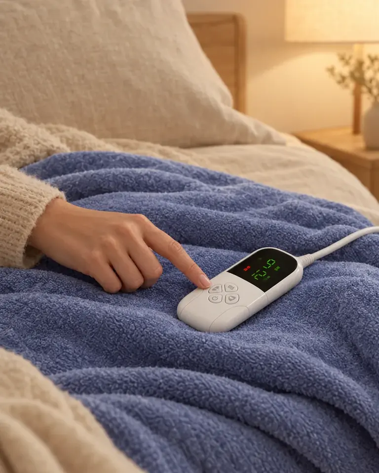 Main qui règle la télécommande d’un chauffe-lit bleu