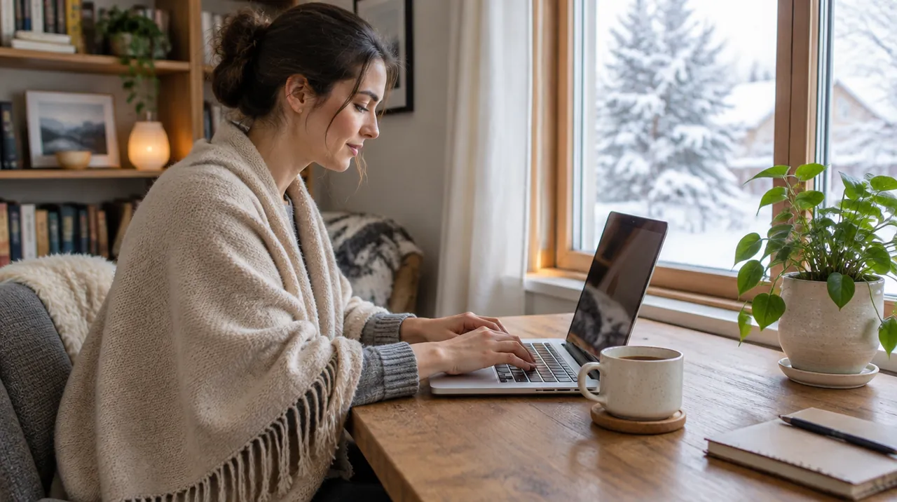Femme en télétravail à son bureau, un châle beige sur les épaules