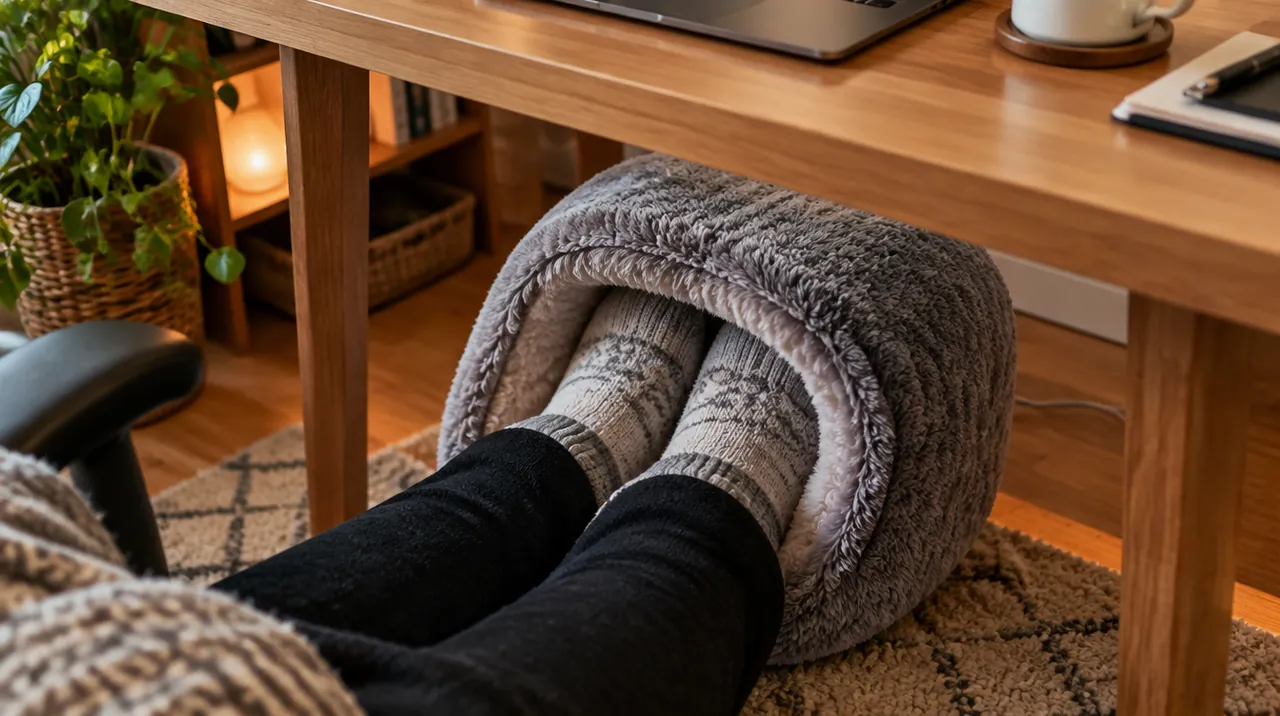 Pieds en chaussettes glissés dans un chauffe-pieds en peluche grise sous un bureau