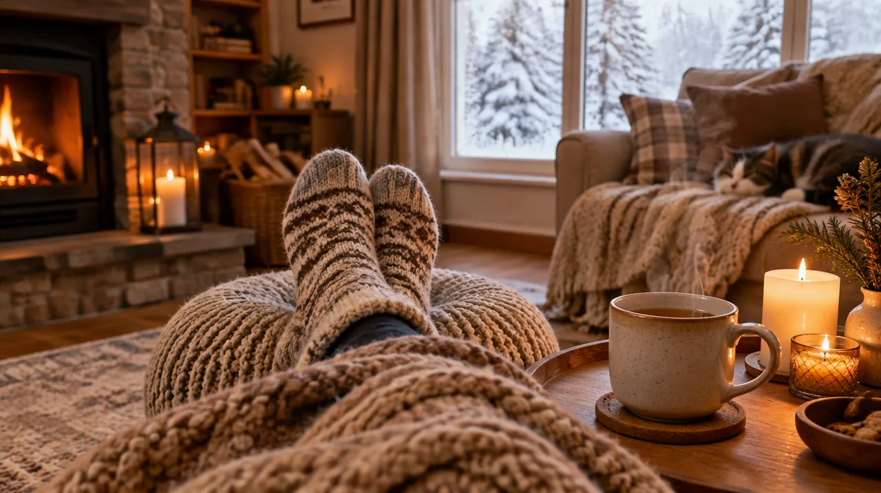 Pieds en chaussettes de laine sur un pouf, plaid, bougies et tasse de thé devant une fenêtre enneigée