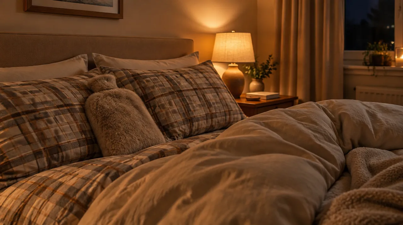 Lit douillet le soir avec draps en flanelle, couette épaisse et bouillotte en fausse fourrure