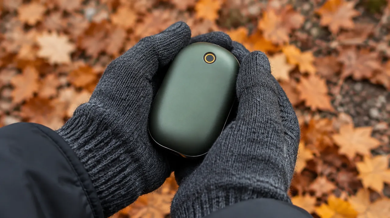 Mains gantées qui tiennent un chauffe-mains rechargeable vert, feuilles d’automne au sol