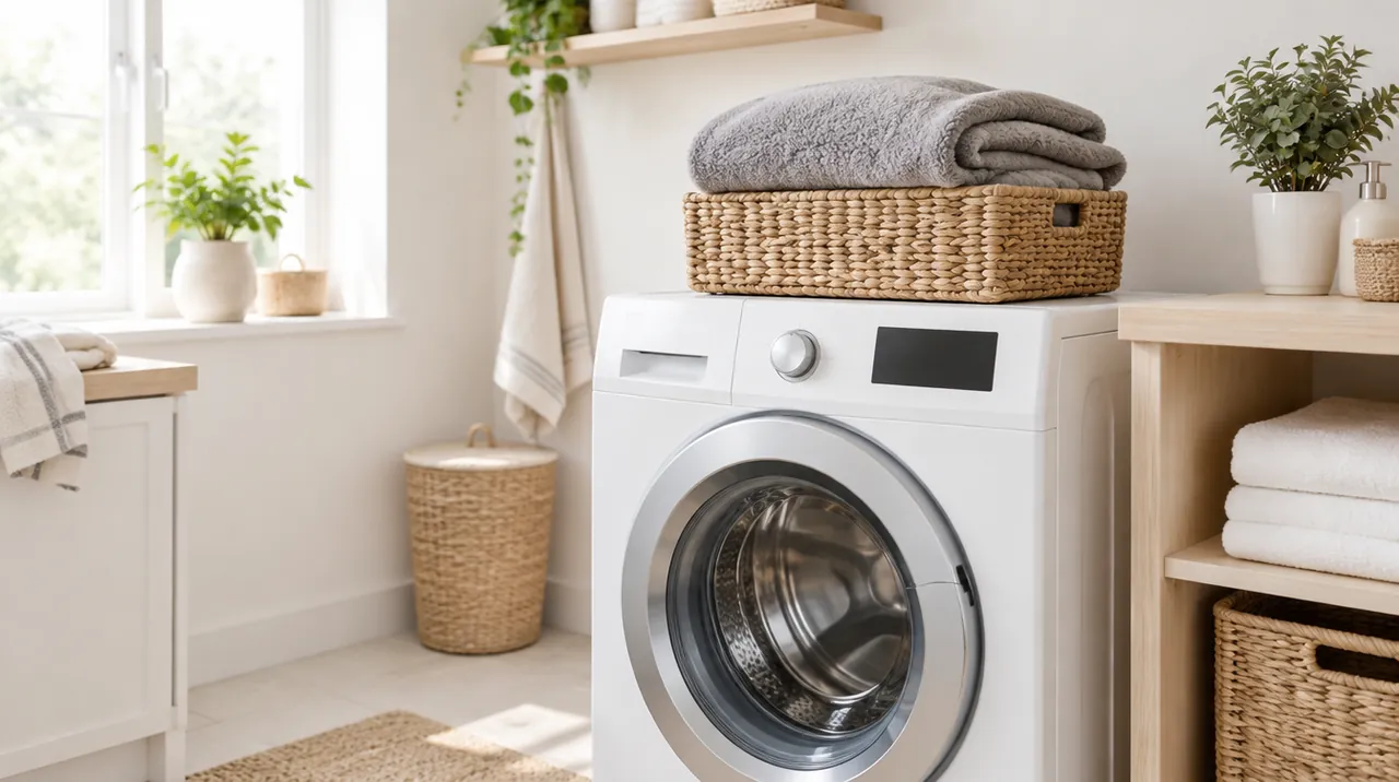 Couverture grise pliée dans un panier posé sur un lave-linge, dans une buanderie lumineuse
