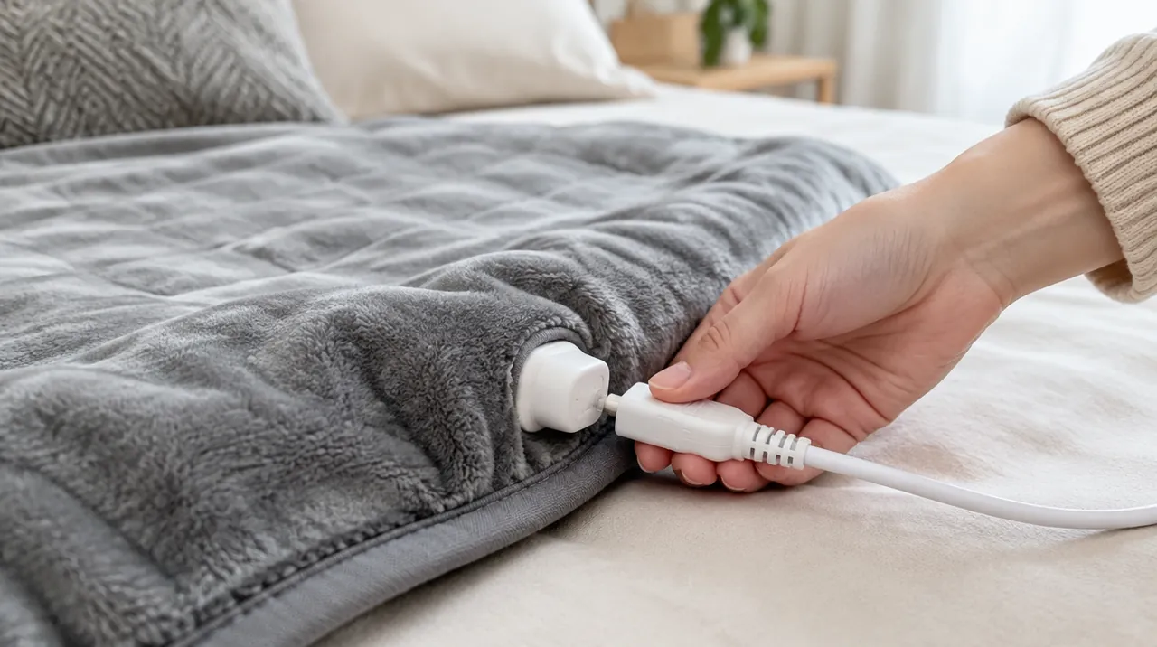 Main qui vérifie le câble et le connecteur d’une couverture chauffante posée sur un lit