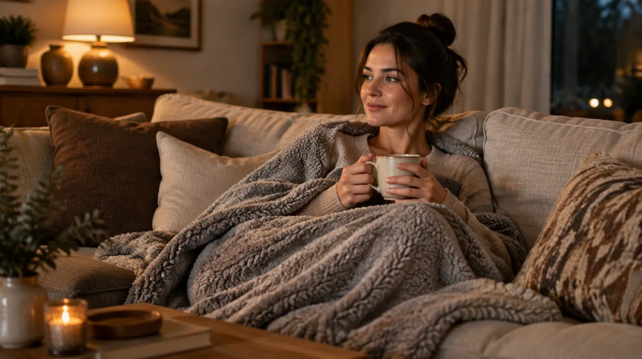 Femme détendue sur un canapé en lin sous une couverture sherpa grise, une tasse de thé à la main