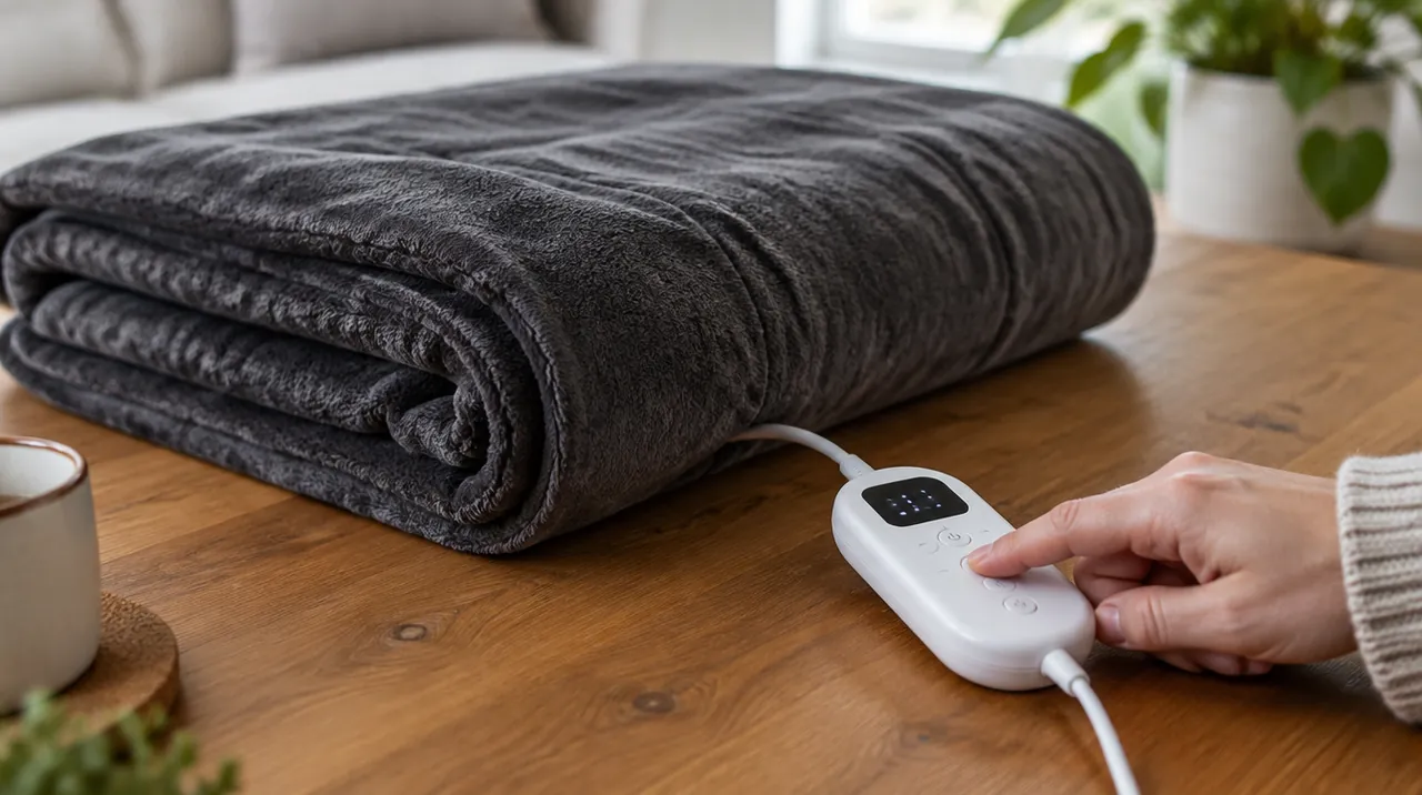 Main qui appuie sur la télécommande d’une couverture chauffante gris foncé pliée sur une table