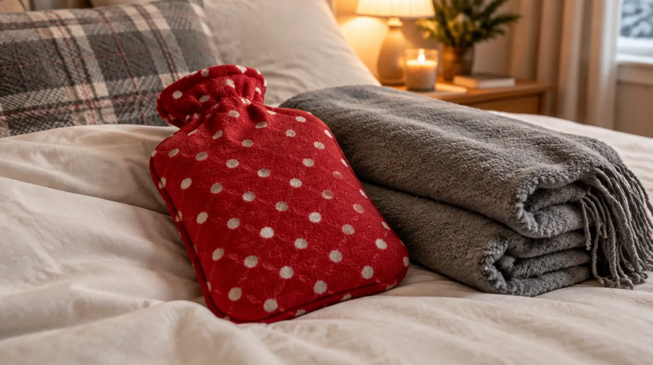 Bouillotte rouge à pois posée sur un lit à côté d’une couverture grise pliée