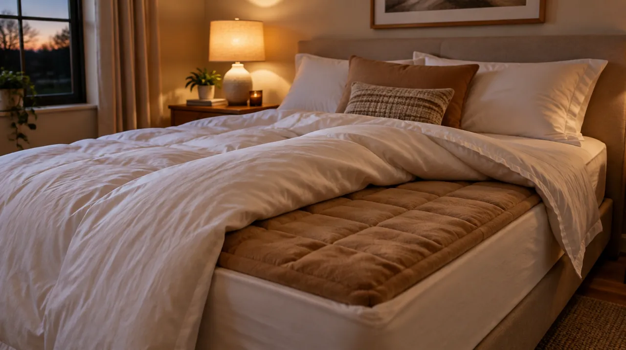 Lit double avec la couette repliée sur un surmatelas chauffant en flanelle caramel