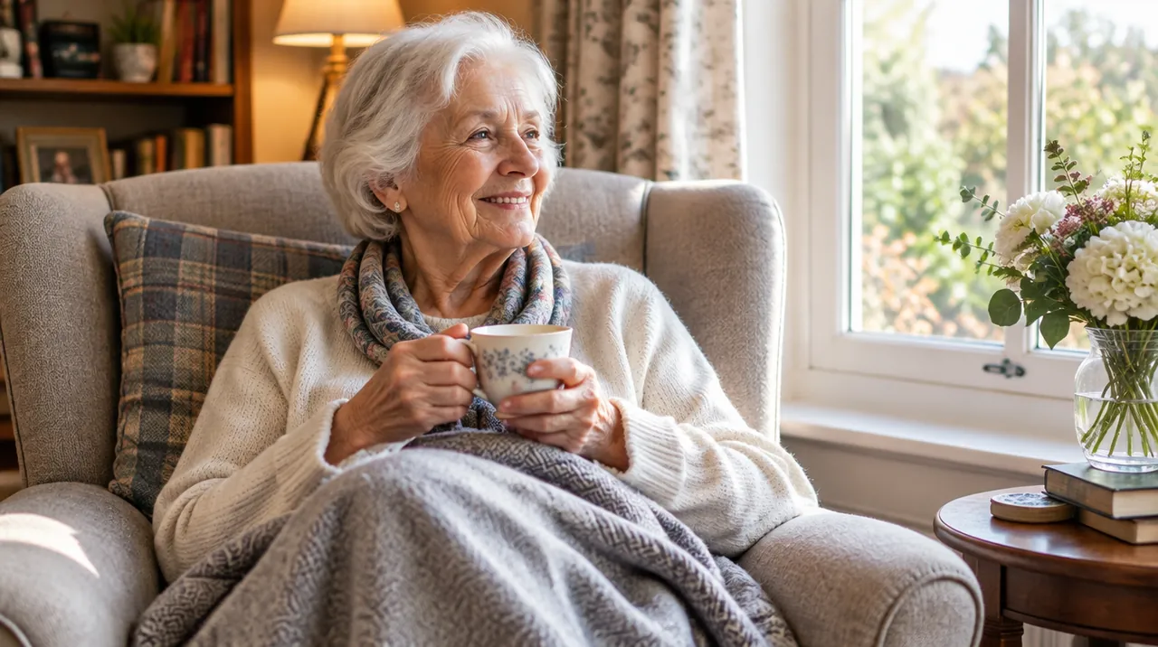Femme âgée souriante dans un fauteuil, un plaid gris sur les genoux et une tasse de thé