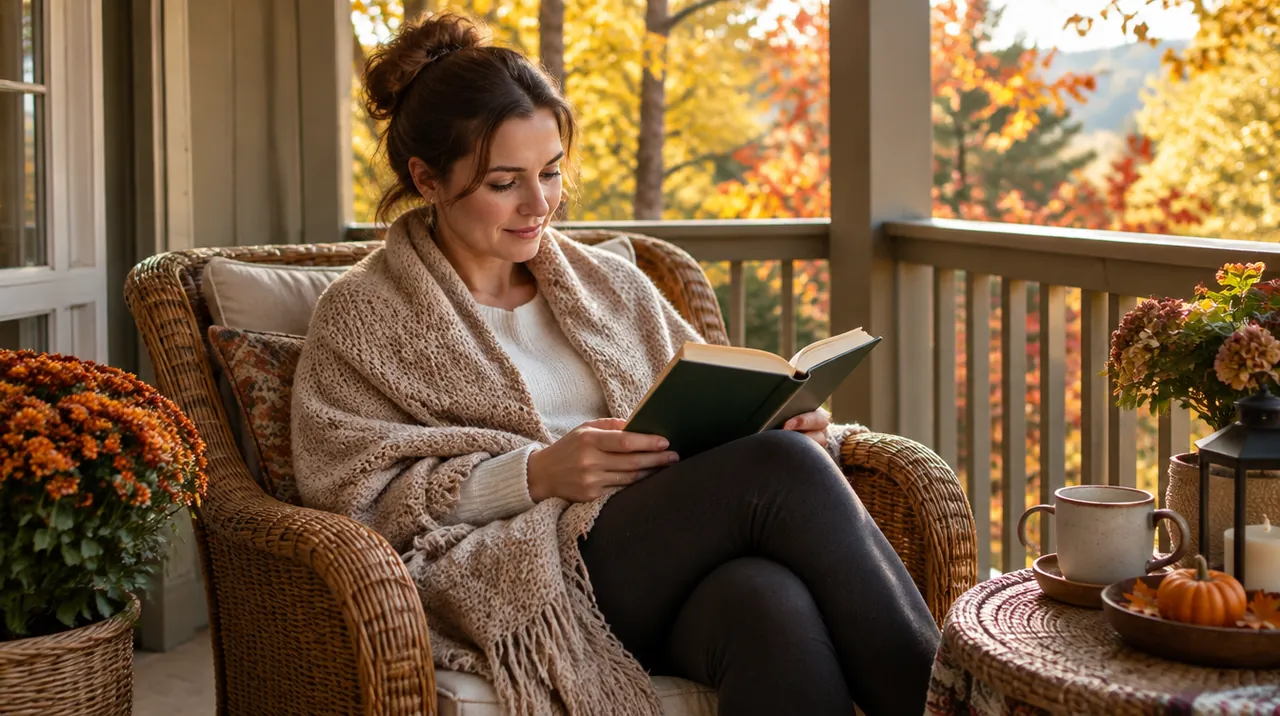 Femme qui lit sur un balcon en automne, un châle beige sur les épaules