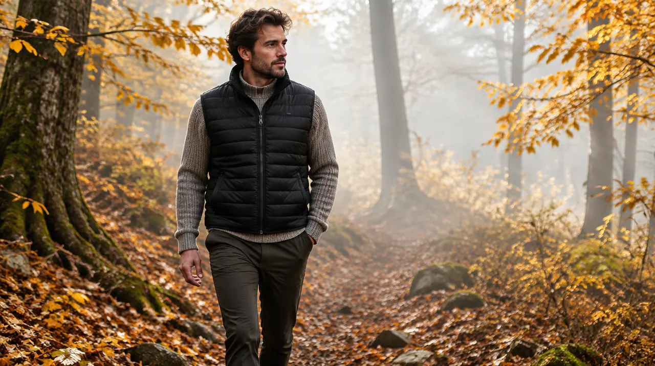 Homme qui marche en forêt en automne avec un gilet matelassé noir
