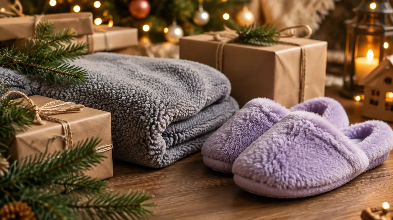 Cadeaux en papier kraft, couverture sherpa grise pliée et chaussons lilas sous des guirlandes lumineuses