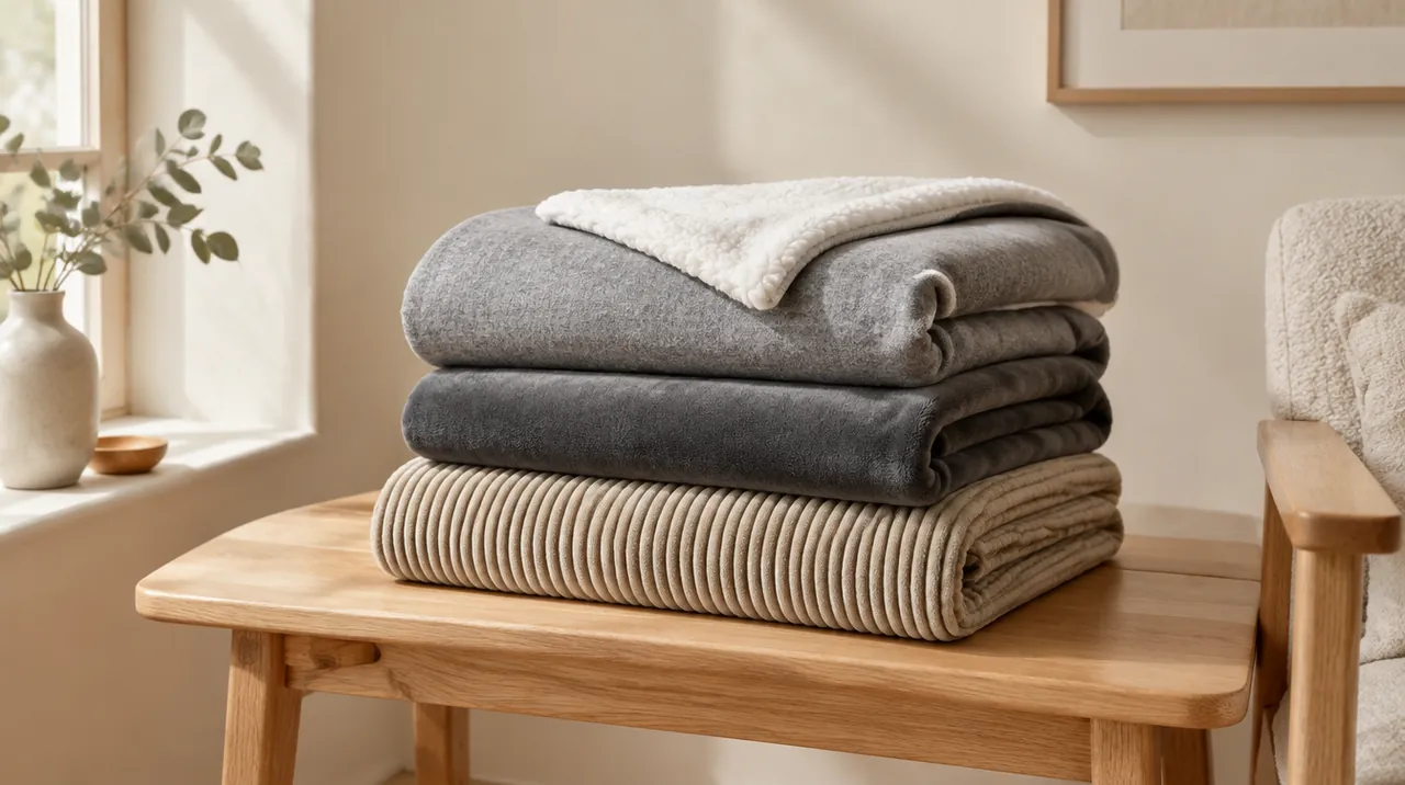 Trois couvertures pliées sur un banc en chêne : flanelle et sherpa, polaire gris foncé, velours côtelé sable