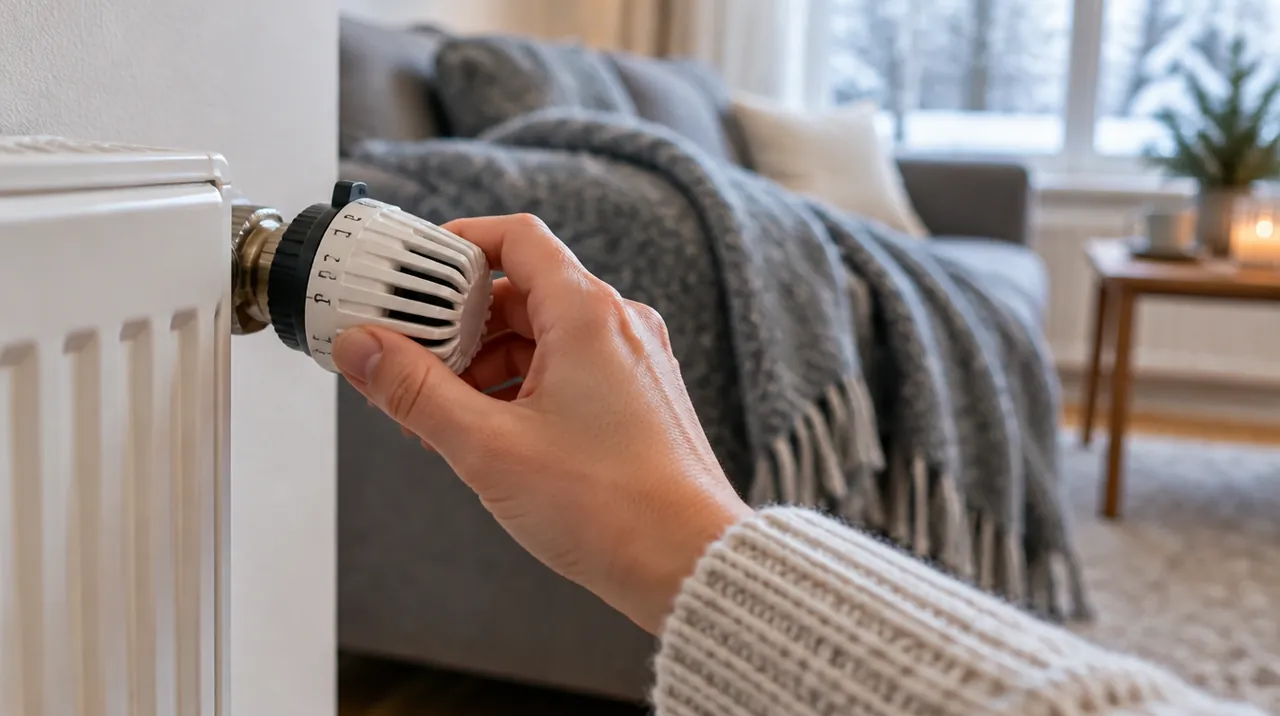 Main qui baisse le robinet thermostatique d’un radiateur, un canapé avec plaid en arrière-plan