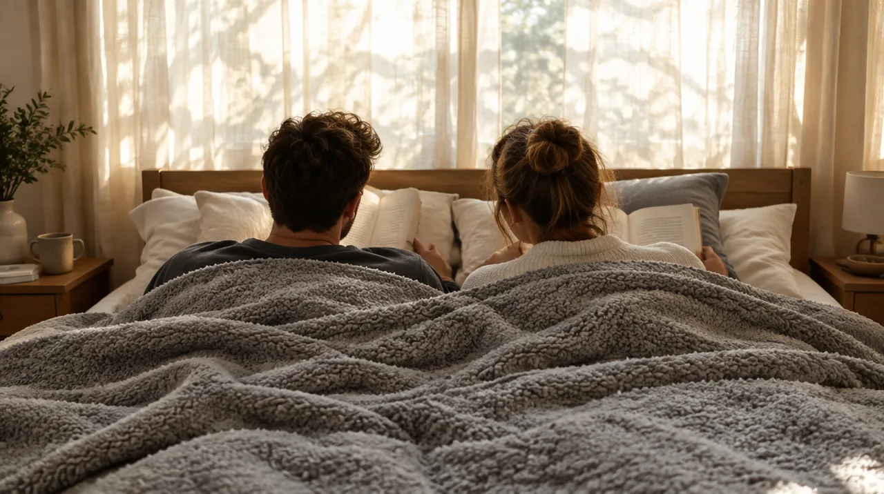 Couple vu de dos qui lit dans un grand lit sous une couverture sherpa grise