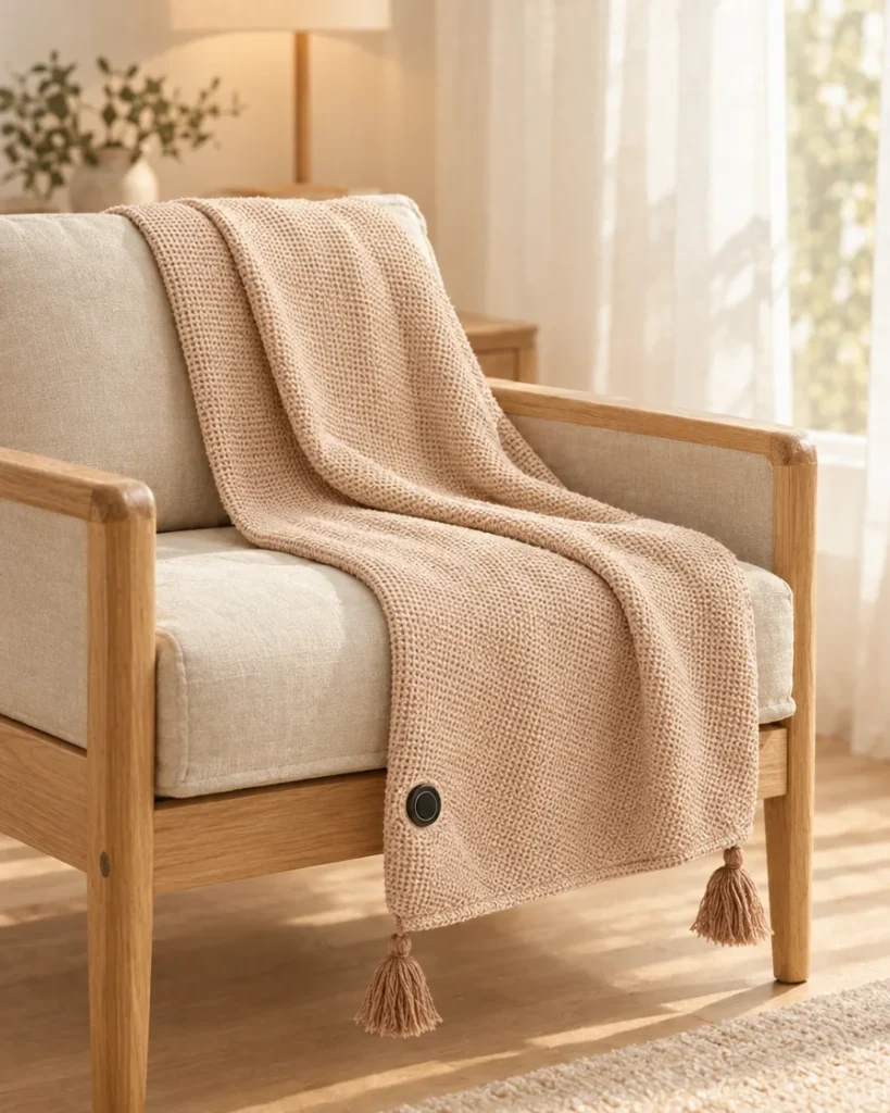 Châle tricot abricot sur un fauteuil en bois
