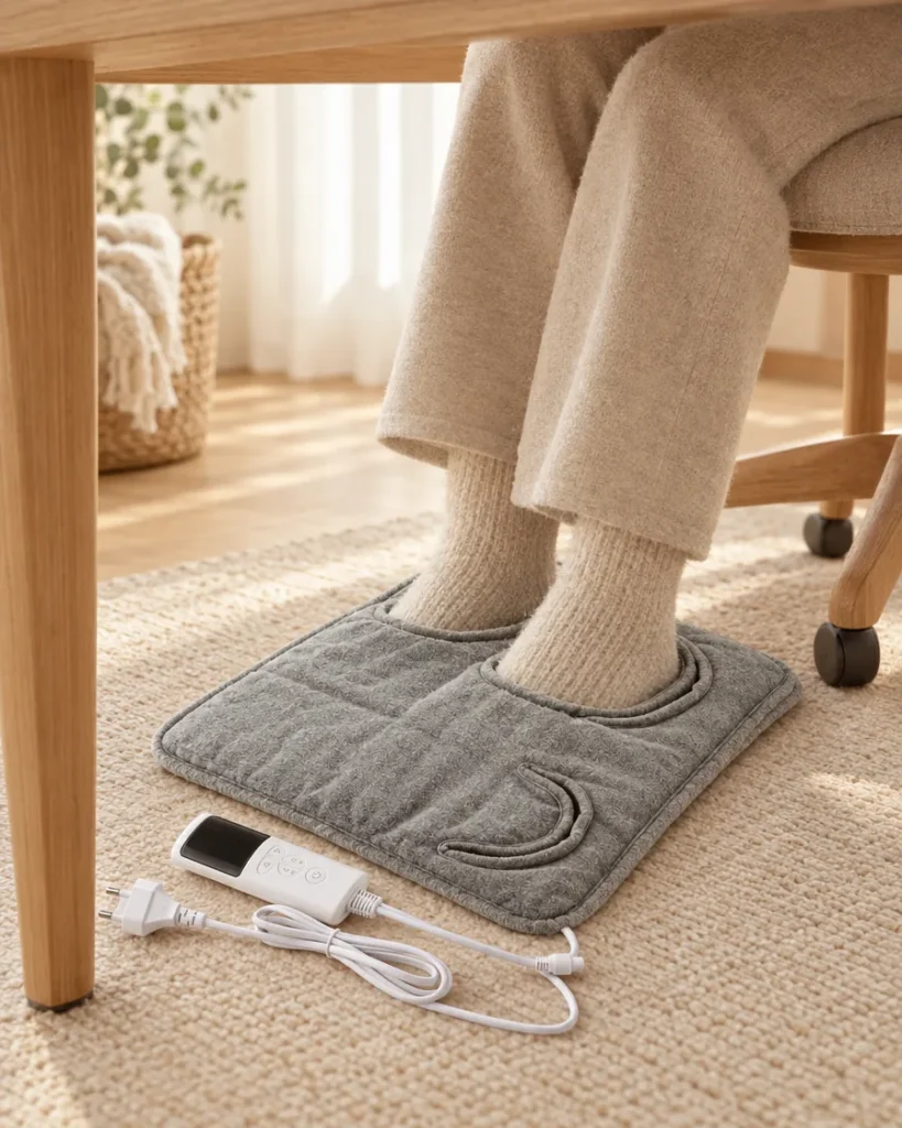 Chauffe-pieds sous un bureau en bois