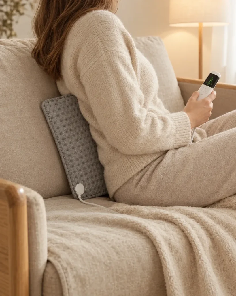 Coussin chauffant contre le dos sur un canapé