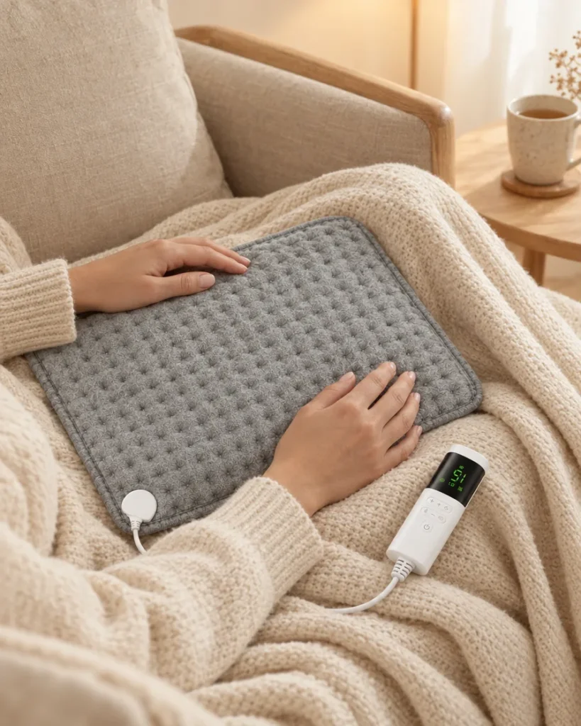 Coussin chauffant sur les genoux sous un plaid