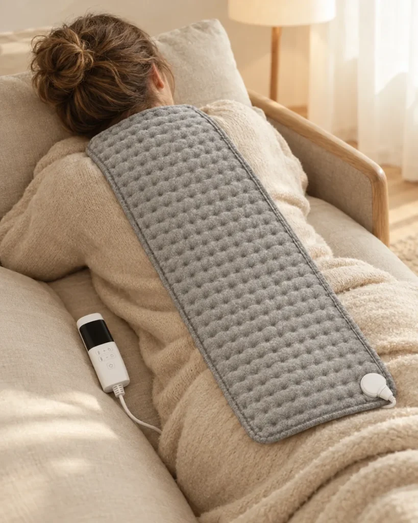 Coussin chauffant long posé sur le dos