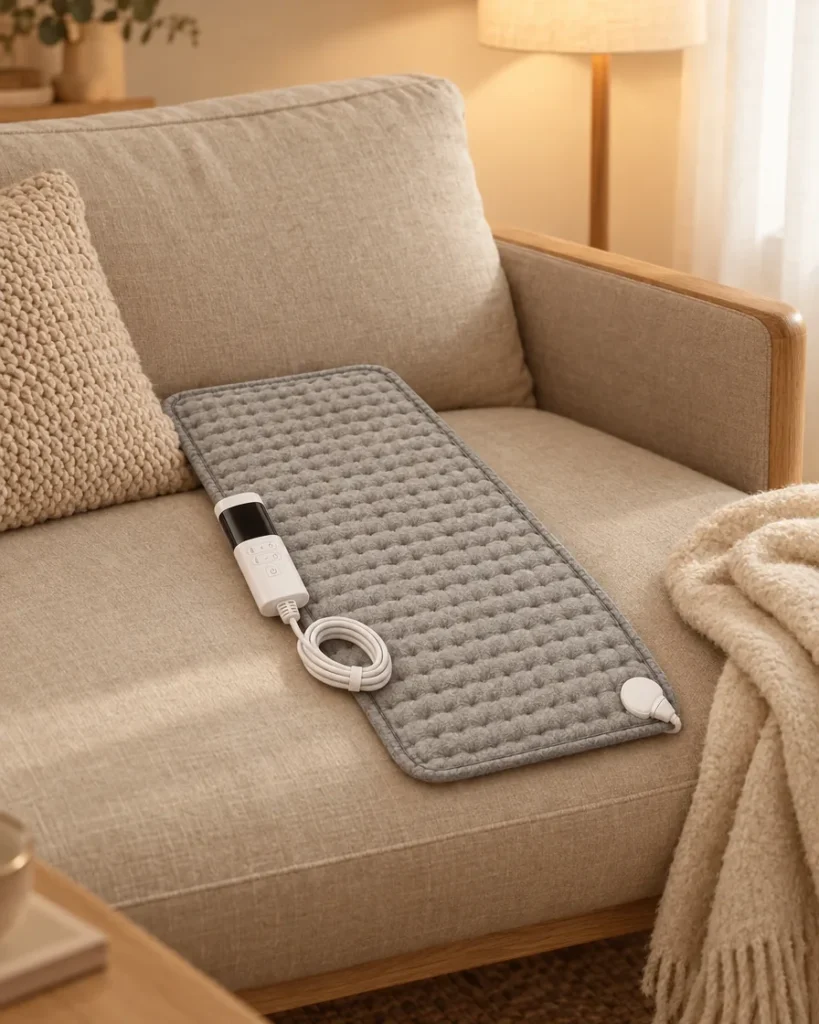 Coussin chauffant long sur un canapé