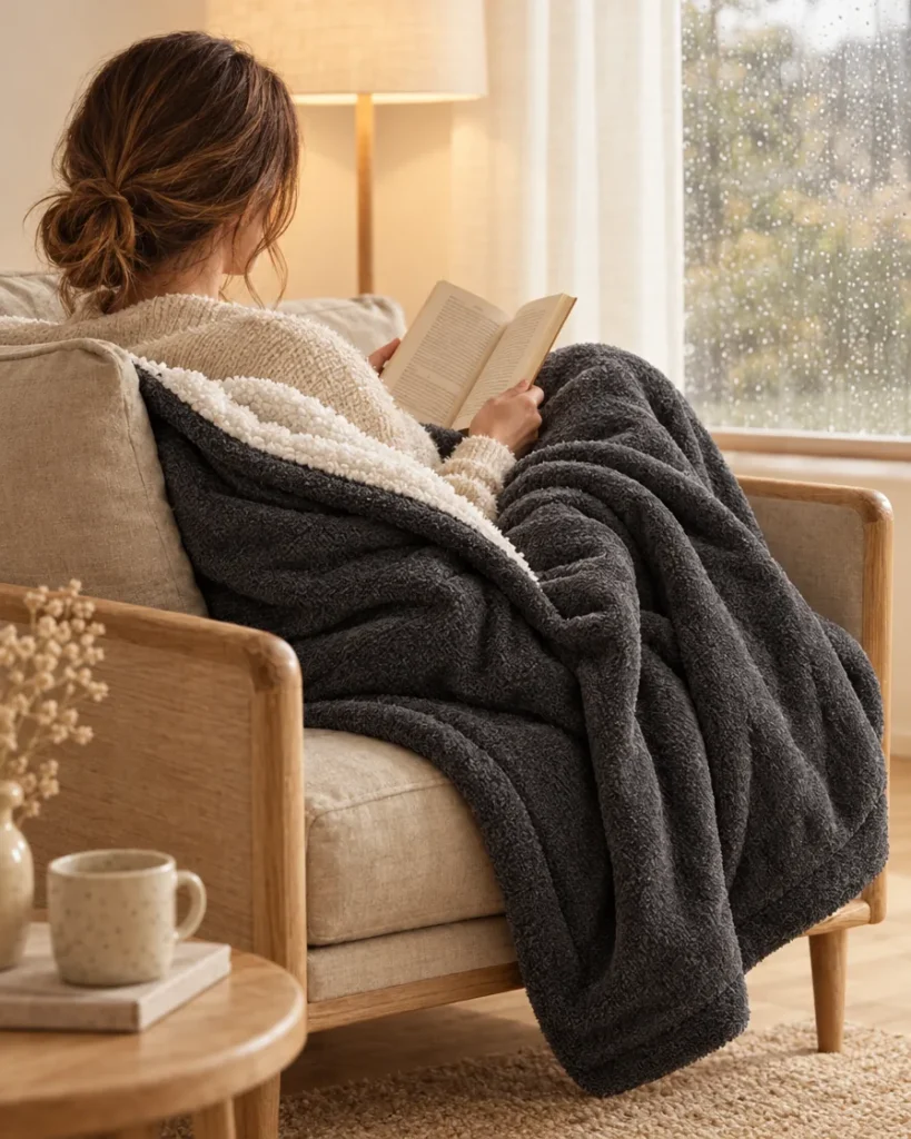 Lecture près d’une fenêtre sous une couverture chauffante