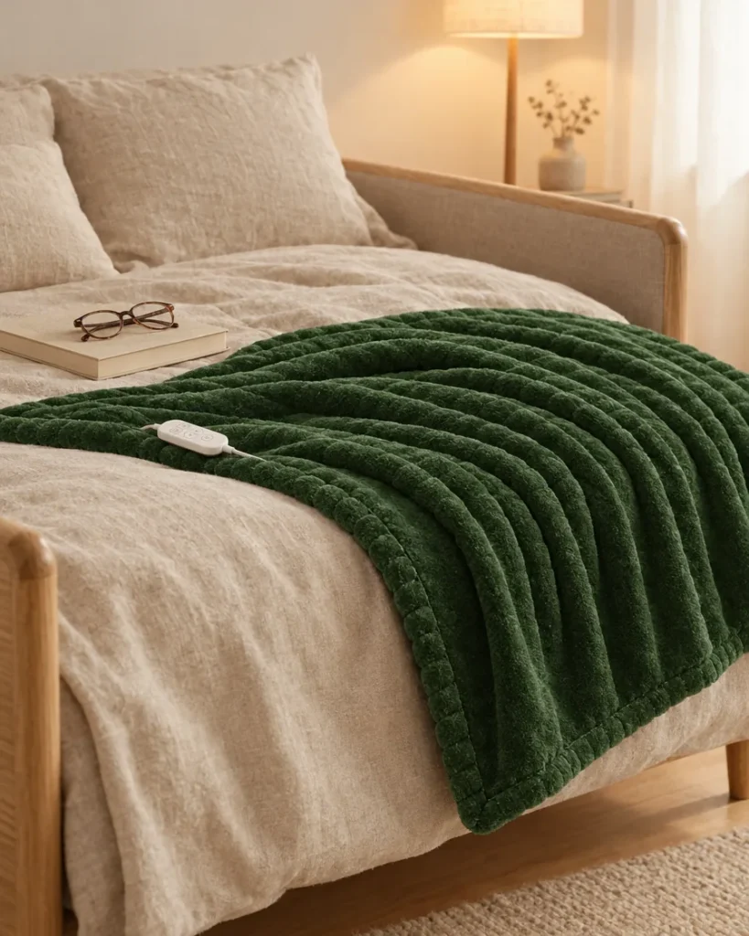 Couverture côtelée vert forêt au pied d’un lit