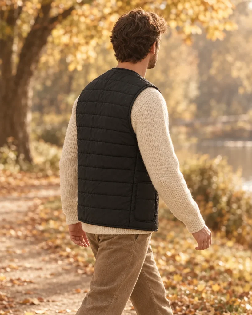 Gilet chauffant noir en balade d’automne