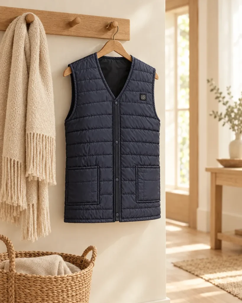 Gilet chauffant bleu marine accroché dans l’entrée