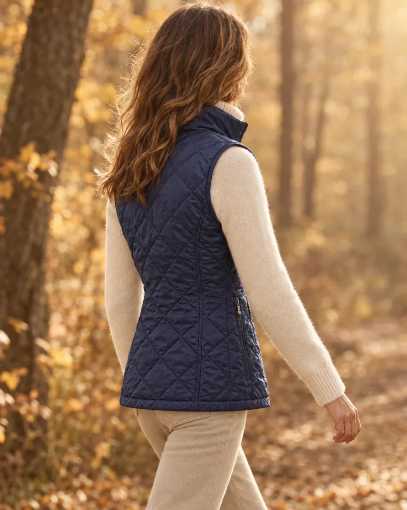 Gilet matelassé bleu marine en forêt