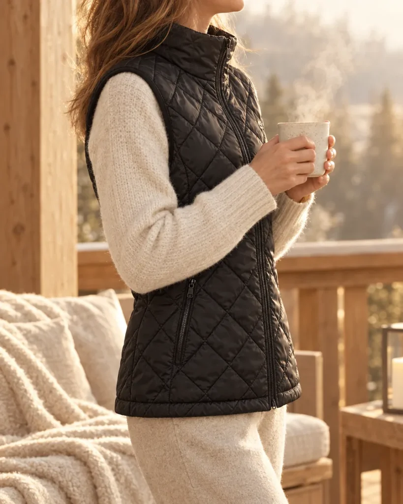 Gilet matelassé noir avec un café en terrasse