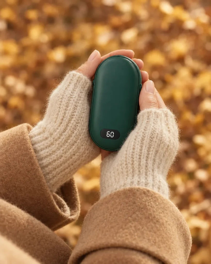 Chauffe-mains vert sapin dans des mains gantées en automne