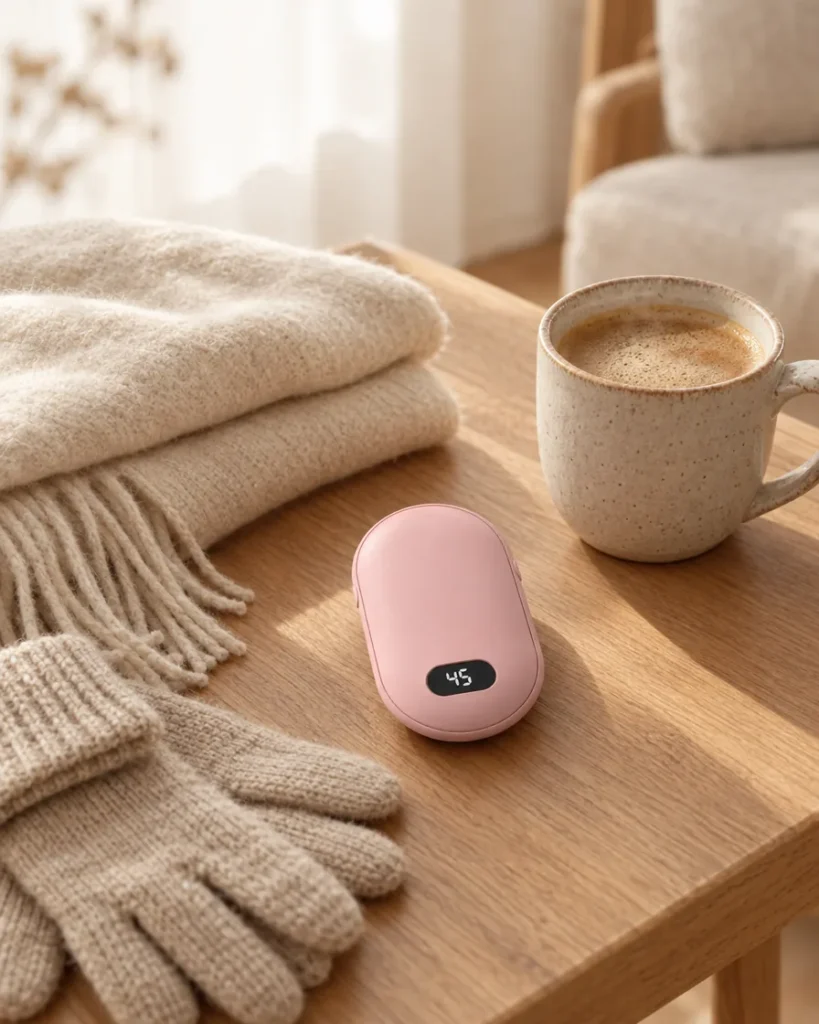 Chauffe-mains rose sur une table avec un café