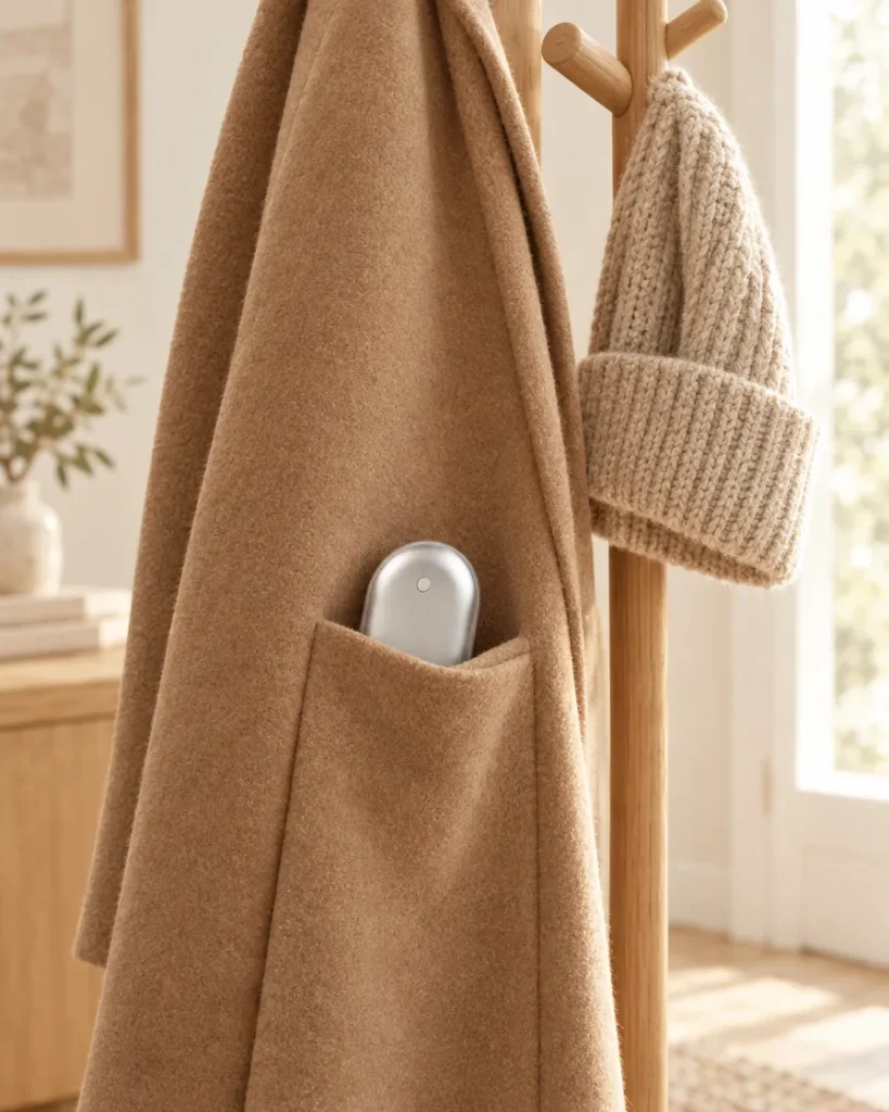 Mini chauffe-mains argent dans une poche de manteau